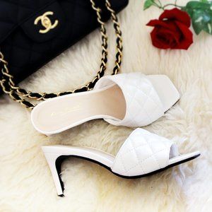 White Quilted Square Toe Heel Mules Sandal Shoes
